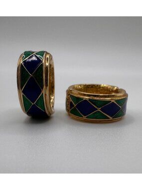 Vintage Ciner Enamel Clip Earrings Blue Green Gold Tone Geometric Signed